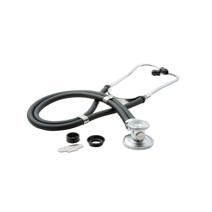 ADC Adscope 641 Sprague Stethoscope with black tubing is shown with components including a chest piece and spare eartips.