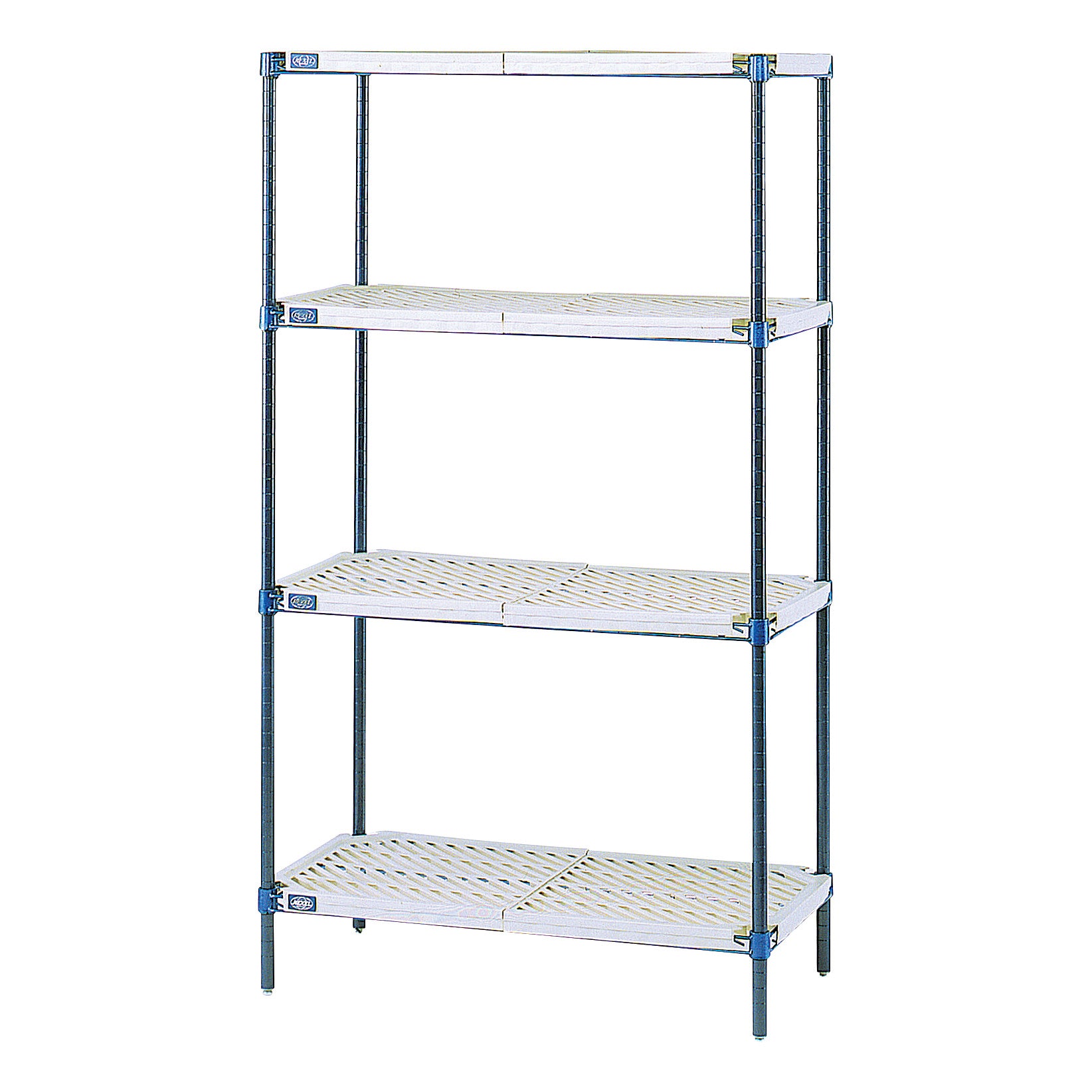 The Nexelon Antimicrobial Shelving Unit with four adjustable ventilated shelves and a durable metal frame stands against a white background.