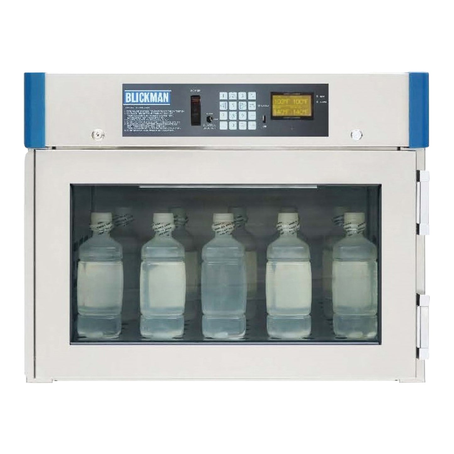 Blickman Digital Warming Cabinet For Table/Cart with a front glass window displaying five transparent bottles with liquid.