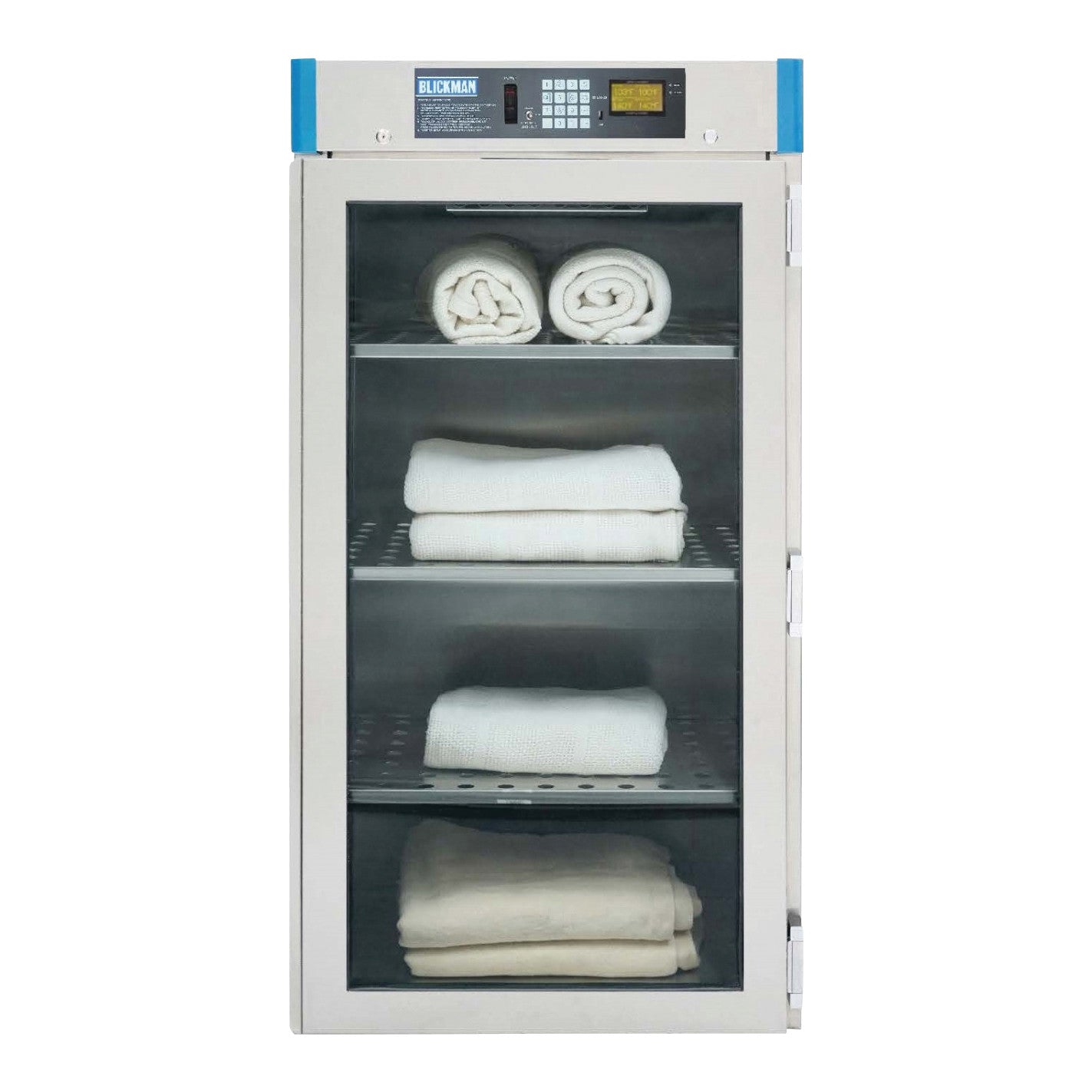 Blickman 4-Shelf Digital Warming Cabinet containing stacked and rolled white towels, with a digital control panel on top.