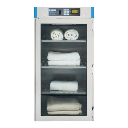 Blickman 4-Shelf Digital Warming Cabinet containing stacked and rolled white towels, with a digital control panel on top.