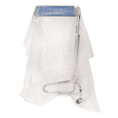 Sterile Set-Up Drape covers a metal table with a clear plastic sheet, featuring a wheeled base and blue top surface.