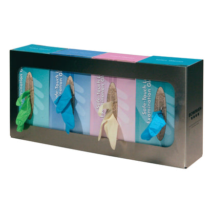 Bowman Basic Glove Box Dispenser with four boxes of Safe-Touch examination gloves in green, blue, pink, and white.
