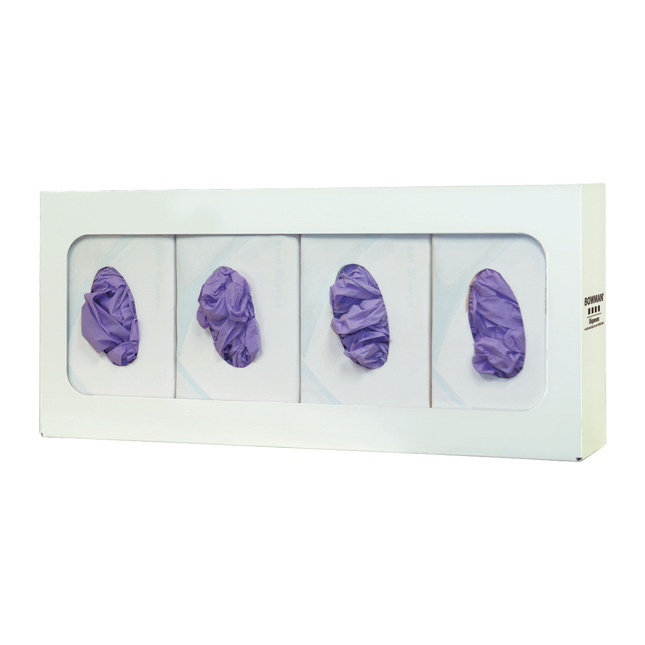 Bowman Basic Glove Box Dispenser with four compartments holds boxes of purple gloves, each box slightly protruding from cutouts.