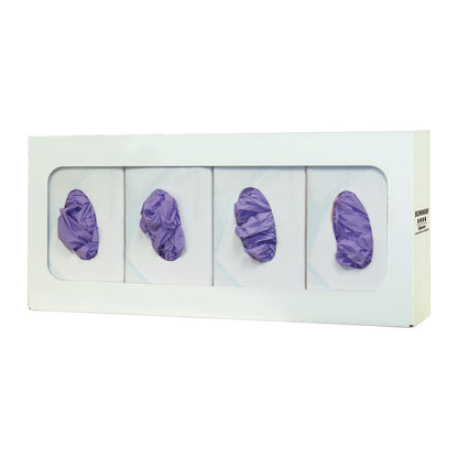 Bowman Basic Glove Box Dispenser with four compartments holds boxes of purple gloves, each box slightly protruding from cutouts.