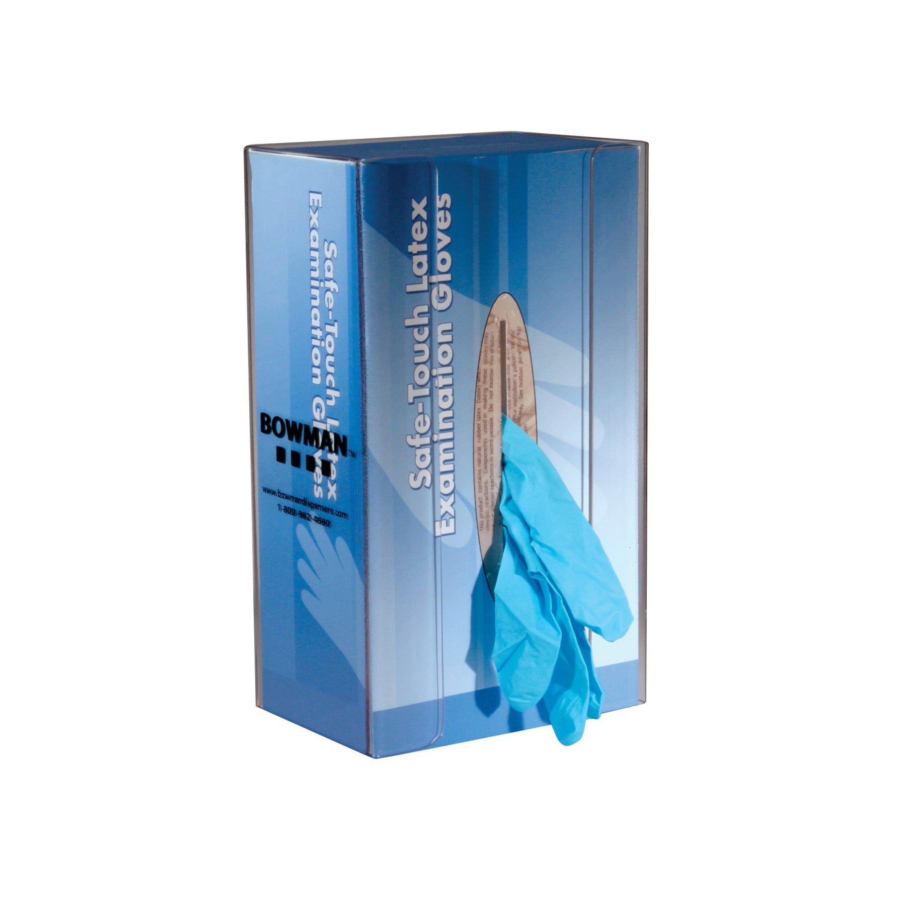 A blue glove is partially pulled from a dispenser labeled "Bowman Clear PETG Single Glove Box Dispenser with Spring."