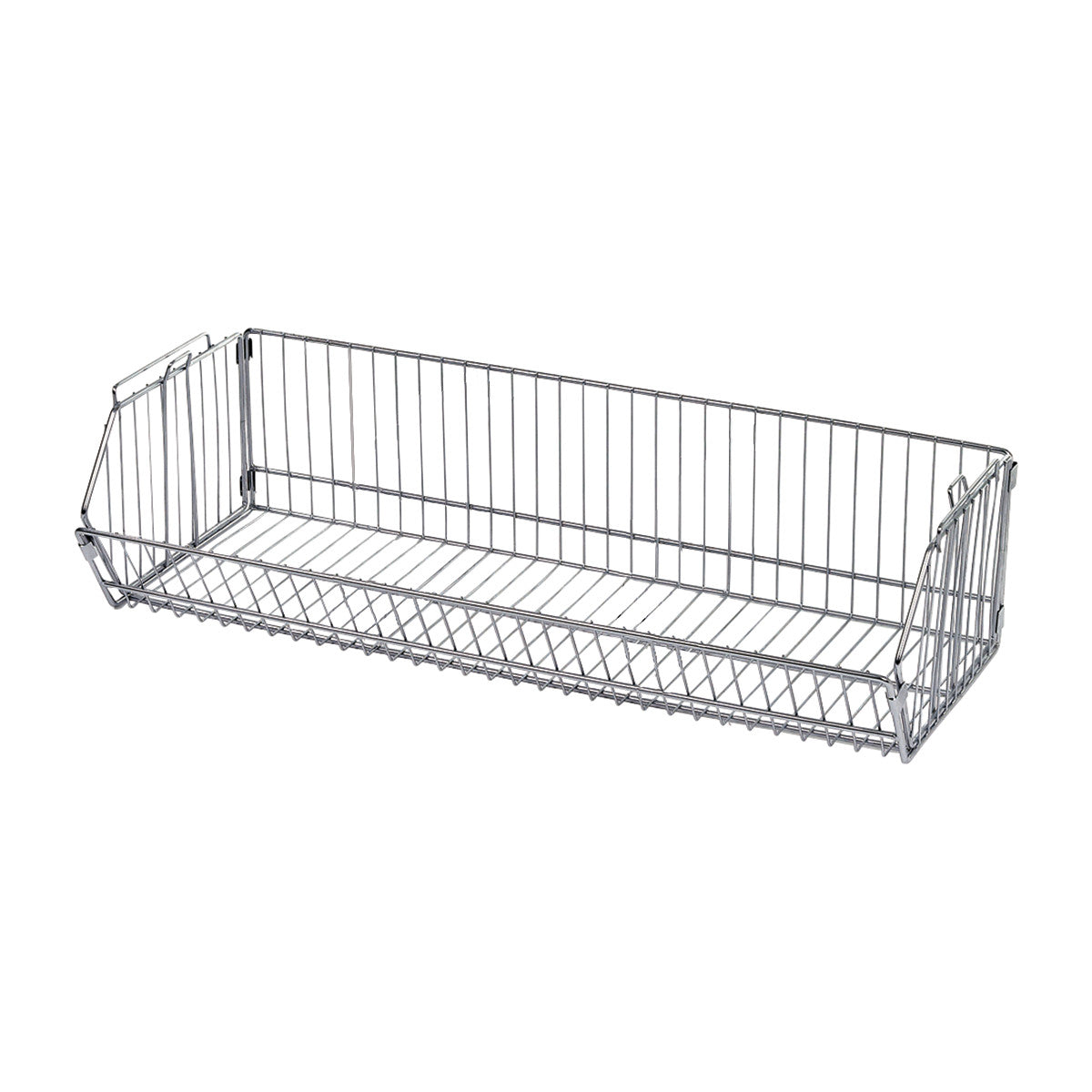 Wire Bin for Nexel Wire Bin Shelving, a rectangular metal storage basket with vertical bars and a mesh base, designed for shelving.
