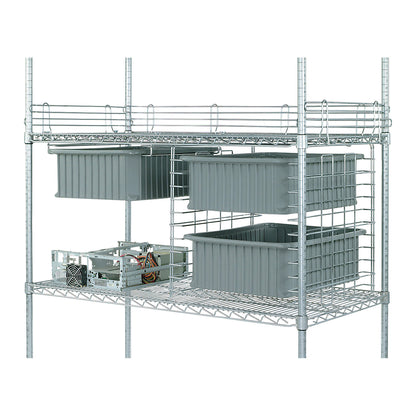 A metal shelf unit with Modu Boxes for Nexel Wire Shelf contains gray storage bins and a computer hardware component.