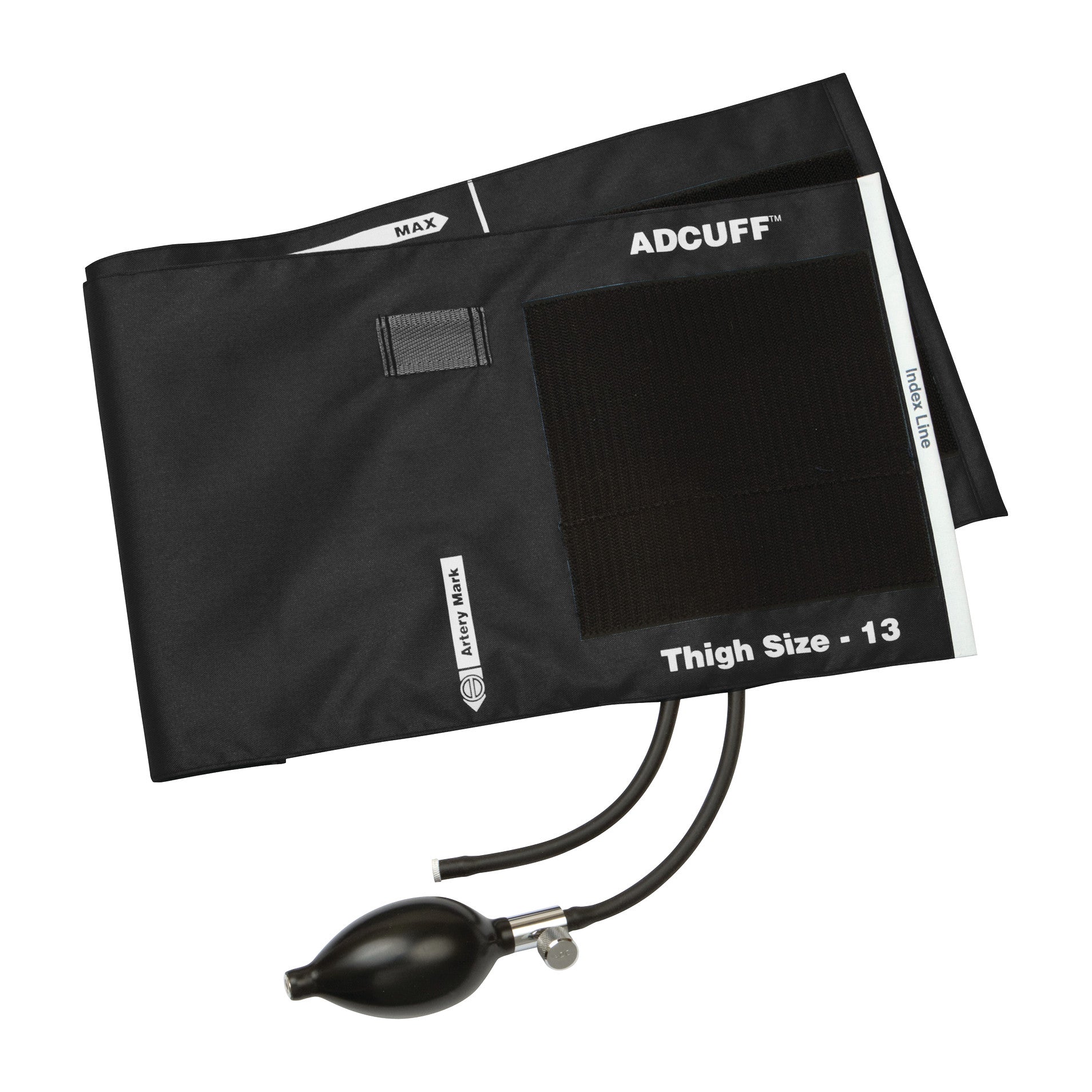 ADC Adcuff Sphygmomanometer Inflation System featuring a Thigh Size 13 cuff with tubing and a hand pump, used for measuring blood pressure.