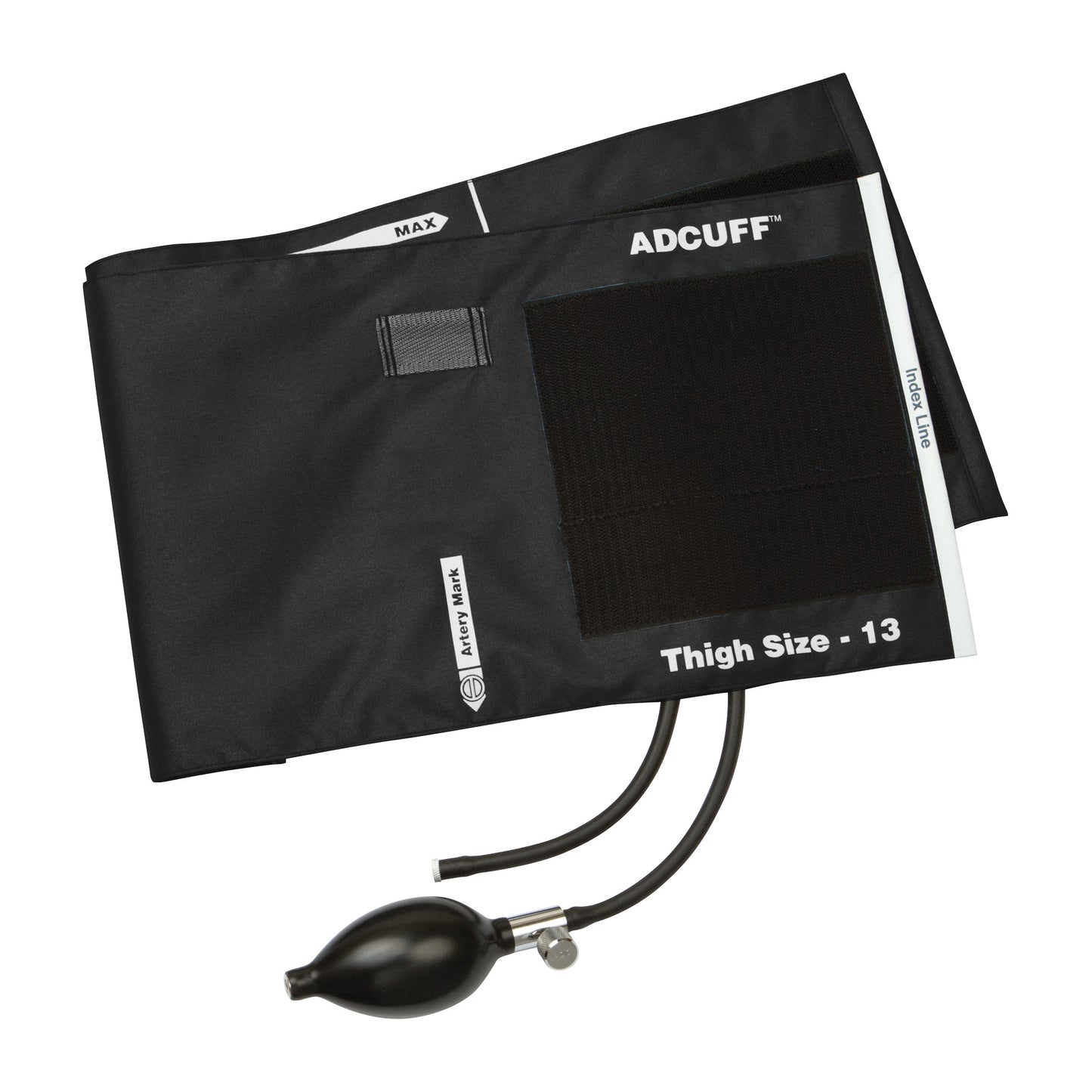 ADC Adcuff Sphygmomanometer Inflation System featuring a Thigh Size 13 cuff with tubing and a hand pump, used for measuring blood pressure.
