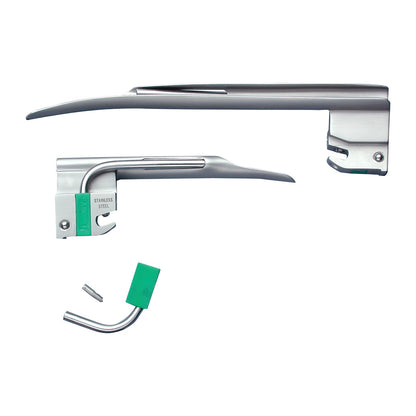 Satin Miller Fiber Optic Laryngoscope Blade, with two blade sizes and a spare green-tipped part, displayed on a white background.