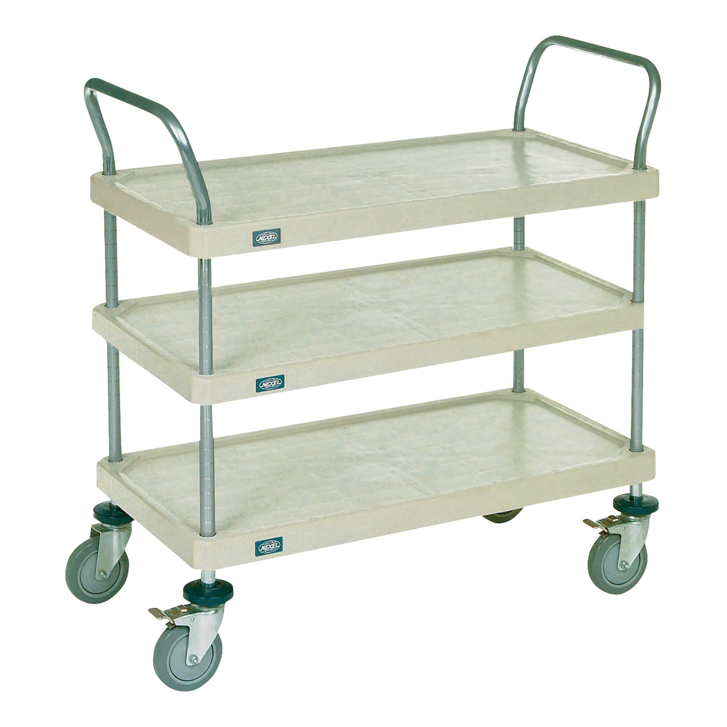 A Nexel Solid Plastic Shelf Utility Cart with three beige shelves and metal handles, featuring four swiveling wheels for mobility.