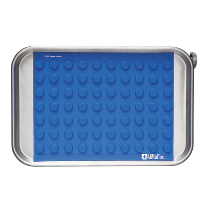 A metal tray holds a blue AliMed Magnetic Instrument Pad with circular magnets, used for organizing and securing instruments.