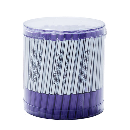 A clear plastic container holding numerous Viscot Mini Pre-Surgical Skin Markers with purple caps and labeled barrels.