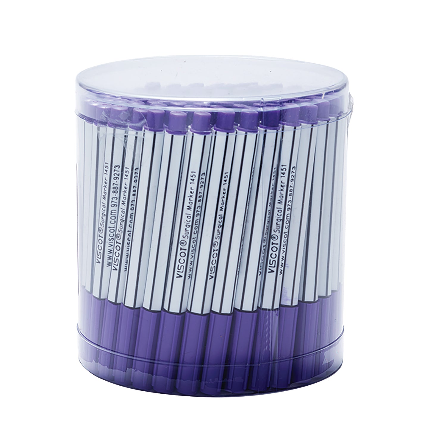 A clear container holding multiple Viscot Mini Pre-Surgical Skin Markers with purple caps and labeled white barrels.
