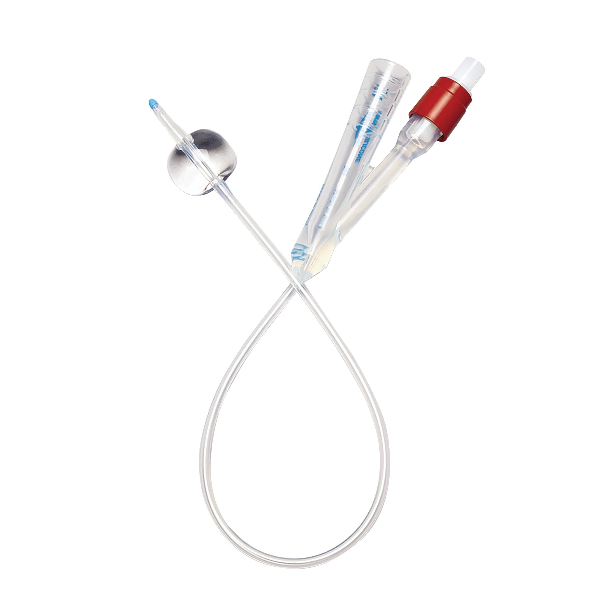 A Two-Way Foley Catheter with a clear tube, an inflatable balloon, and a red-valve connector for urinary drainage.
