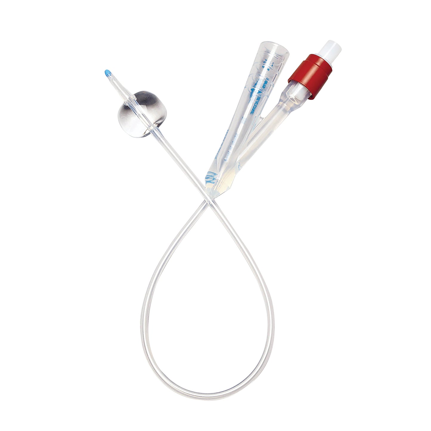 A Two-Way Foley Catheter with a clear tube, an inflatable balloon, and a red-valve connector for urinary drainage.