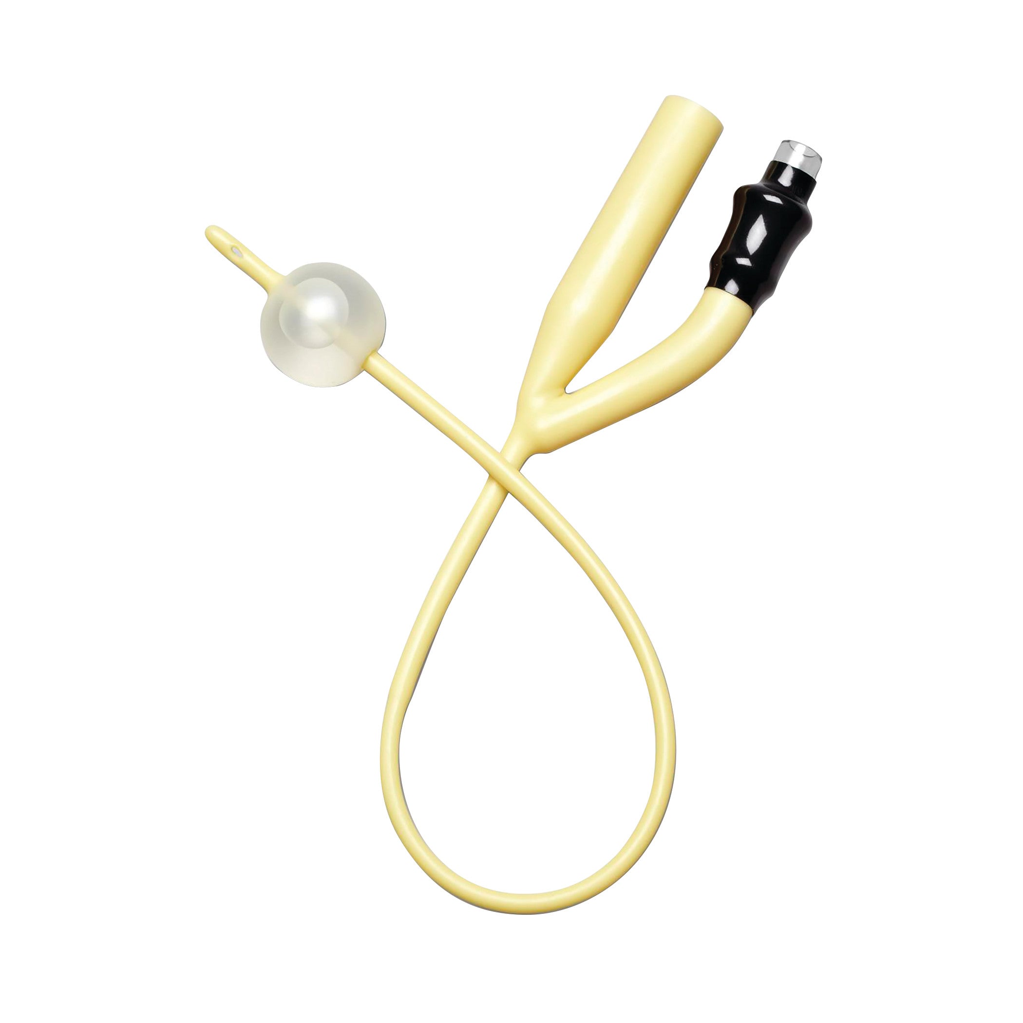 The Two-Way Foley Catheter is a yellow medical device with a balloon tip and dual tube openings for fluid drainage and inflation.