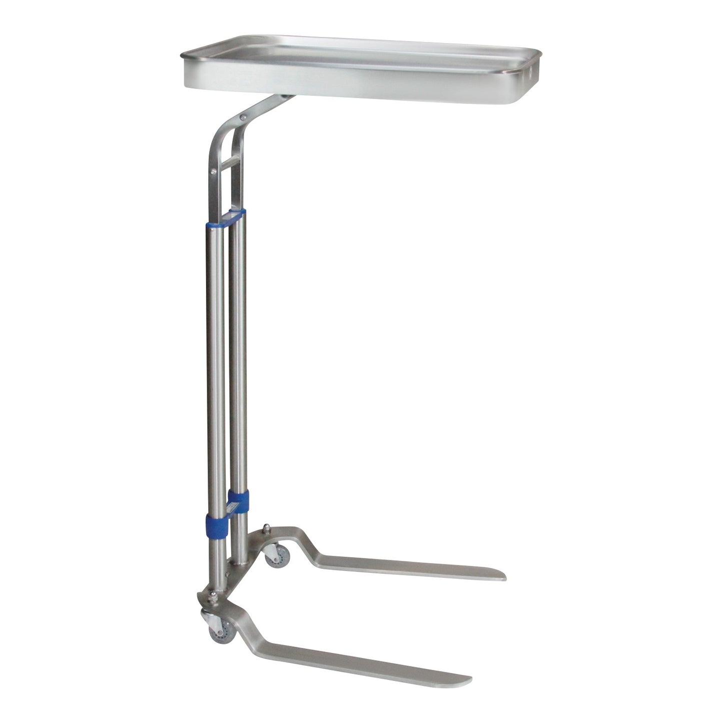 The Blickman Benjamin Mayo Stand is a stainless steel mobile medical stand with a rectangular tray and two wheels for easy maneuverability.