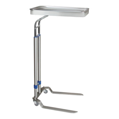The Blickman Benjamin Mayo Stand is a stainless steel mobile medical stand with a rectangular tray and two wheels for easy maneuverability.