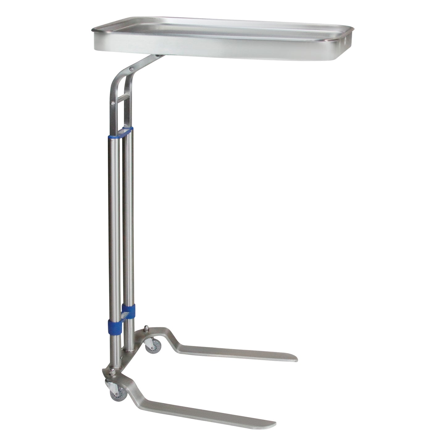 Blickman Benjamin Mayo Stand with a stainless steel tray, adjustable height, two legs on wheels, and a stabilizing blue clasp.