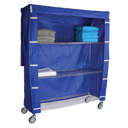 A blue Cart Cover for AliMed 4-Shelf Chrome Wire Linen Cart on wheels, partially open, with folded towels on the shelves.