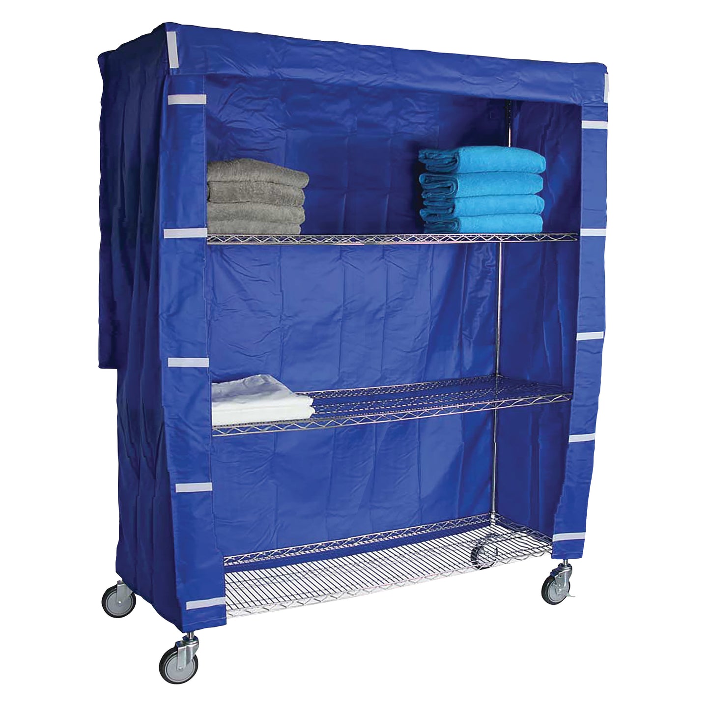 A blue Cart Cover for AliMed 4-Shelf Chrome Wire Linen Cart with towels on the top shelves and wheels at the bottom for mobility.