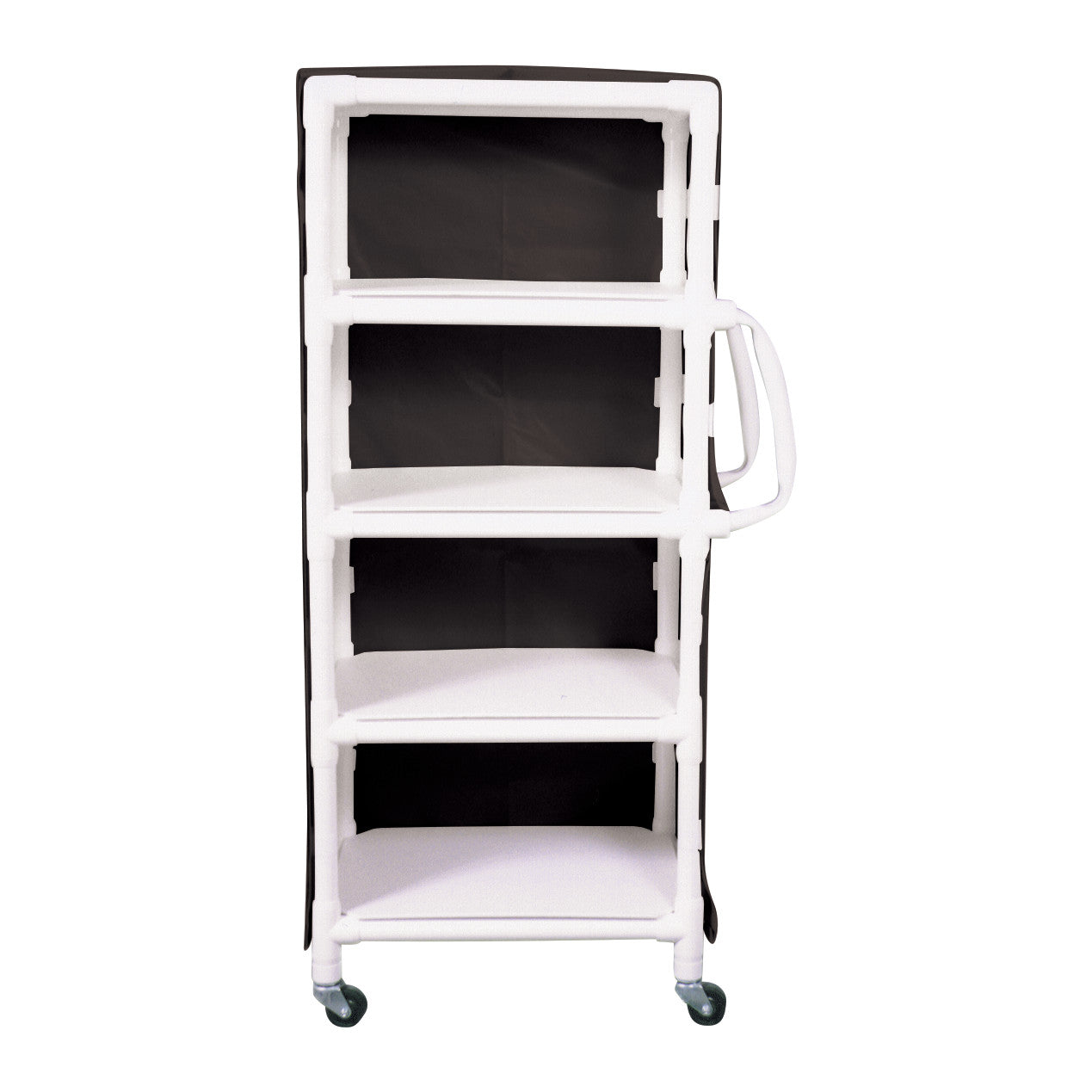 MRI 4-Shelf PVC Linen Cart with Cover features four white shelves, a black cover, and swiveling wheels for mobility.
