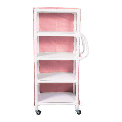 MRI 4-Shelf PVC Linen Cart with Cover features four white shelves, a pink cover, a side handle, and wheels for mobility.