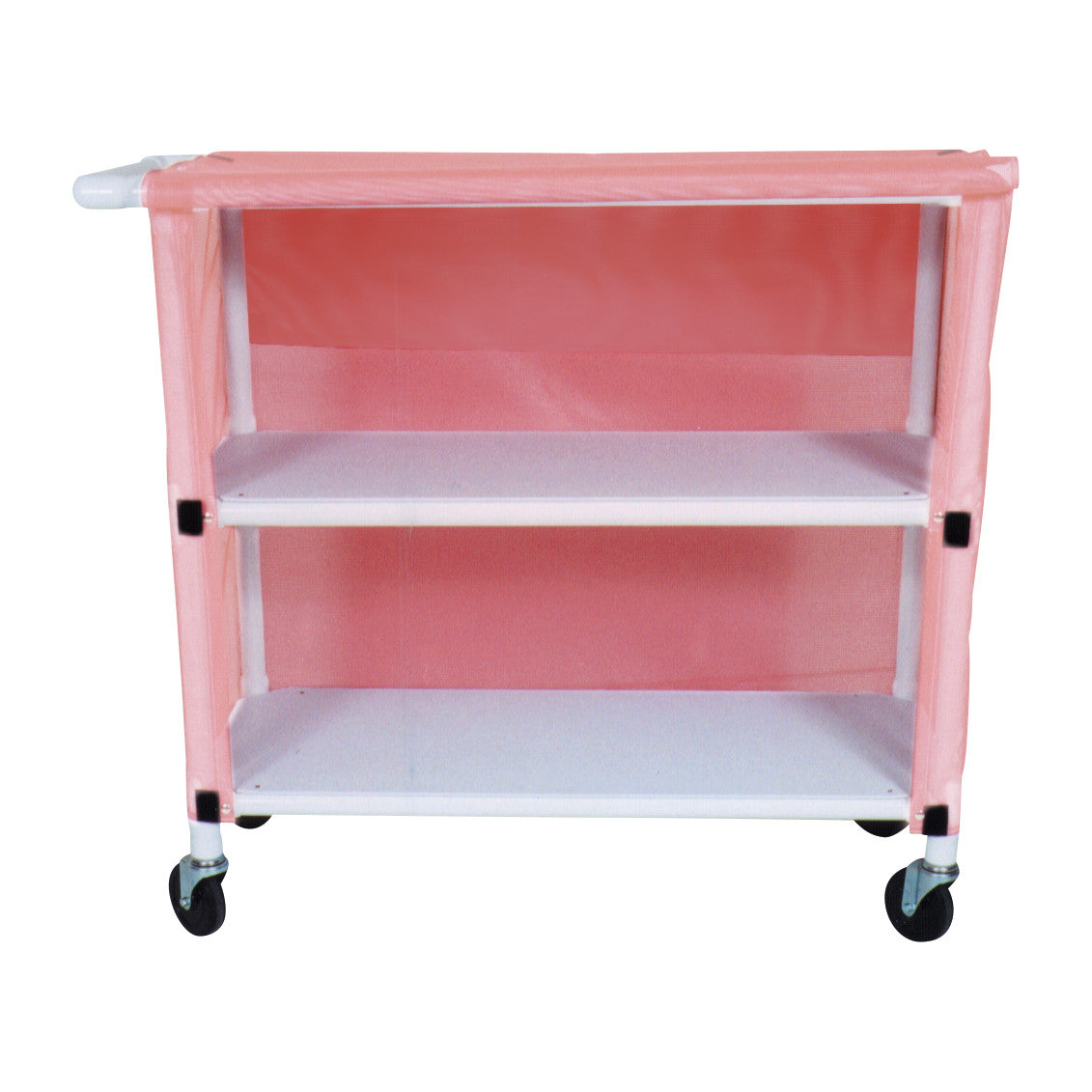 MRI 2-Shelf PVC Linen Cart with Cover, featuring two white shelves, wrapped in a pink cover, and equipped with four black casters.