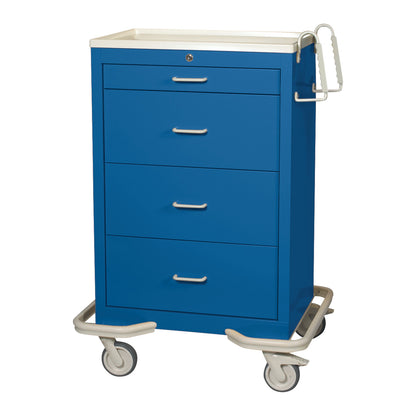 A blue AliMed Standard Series 4-Drawer Isolation Cart with Key Lock on wheels, featuring a white top and a side push handle.