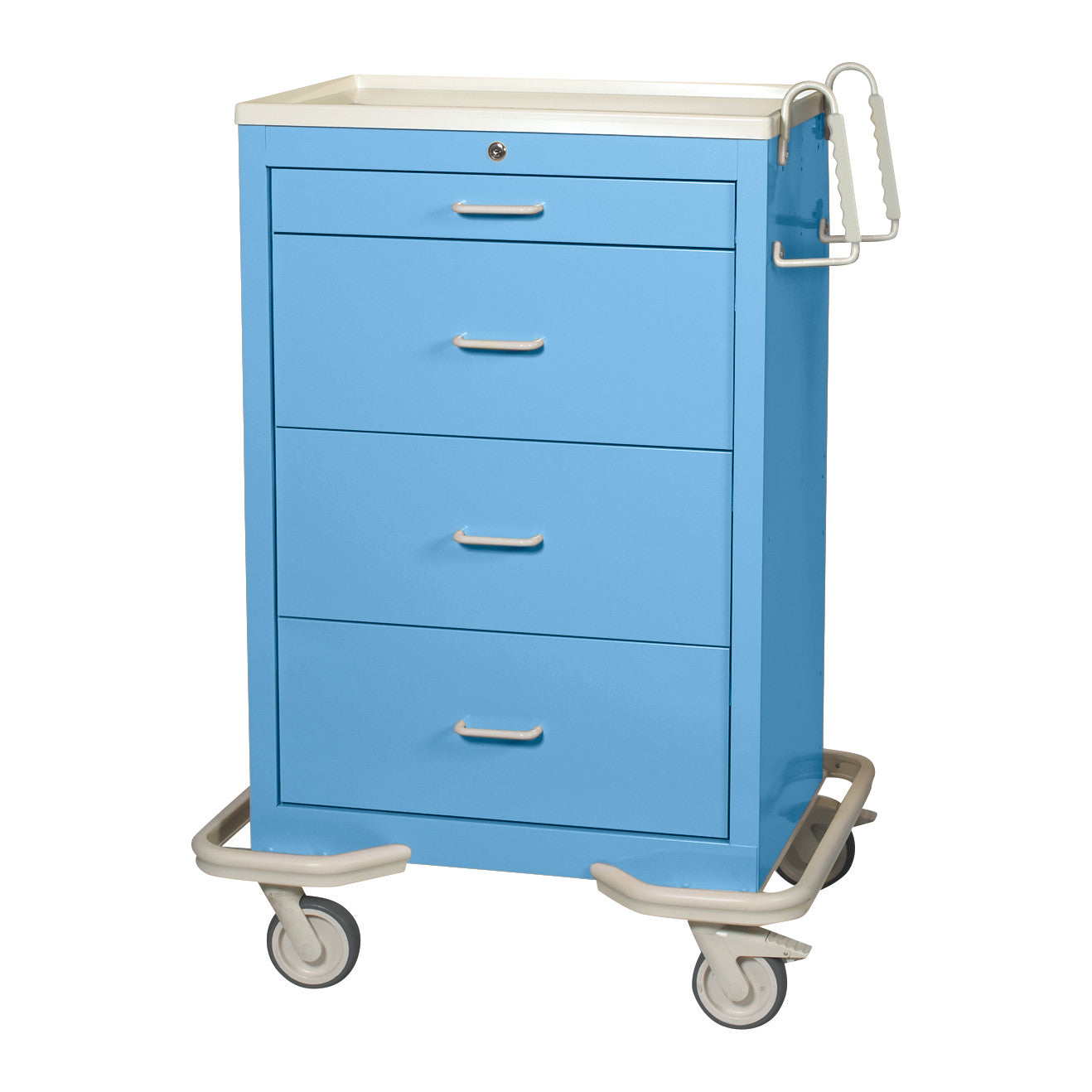 AliMed Standard Series 4-Drawer Isolation Cart with Key Lock, in blue, features four drawers and swivel wheels for mobility.