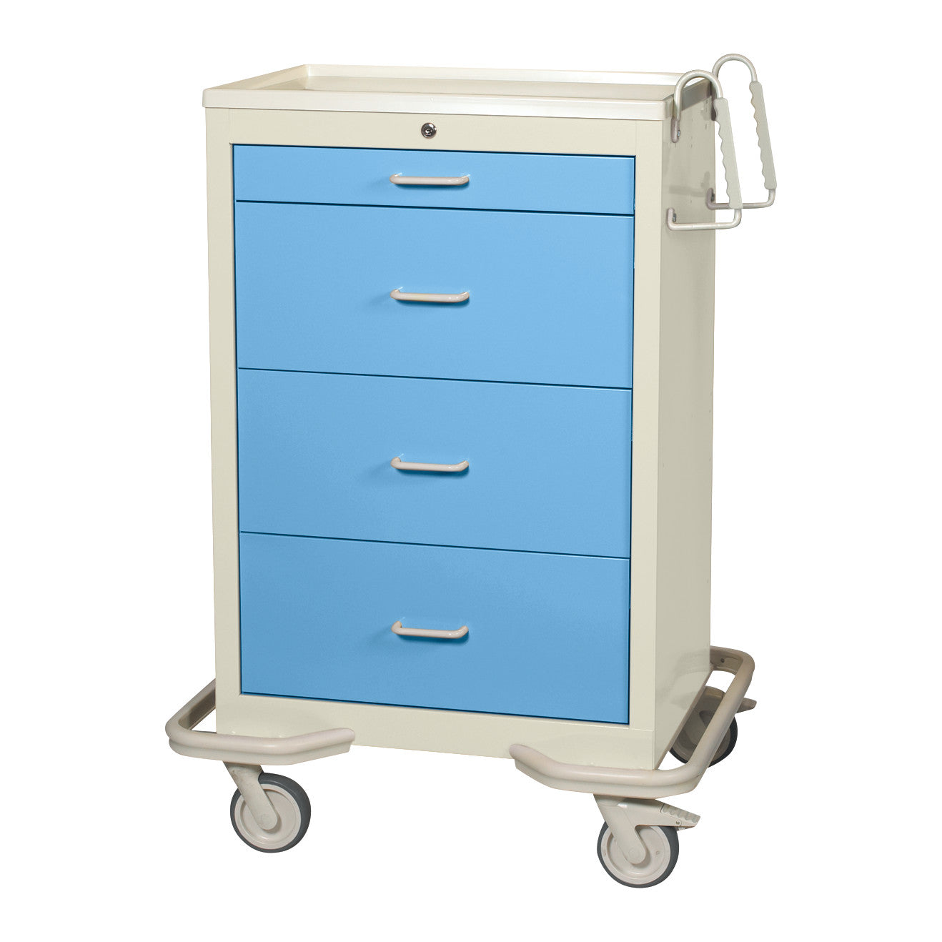 AliMed Standard Series 4-Drawer Isolation Cart with Key Lock features blue drawers, a beige frame, wheels, and a push handle.