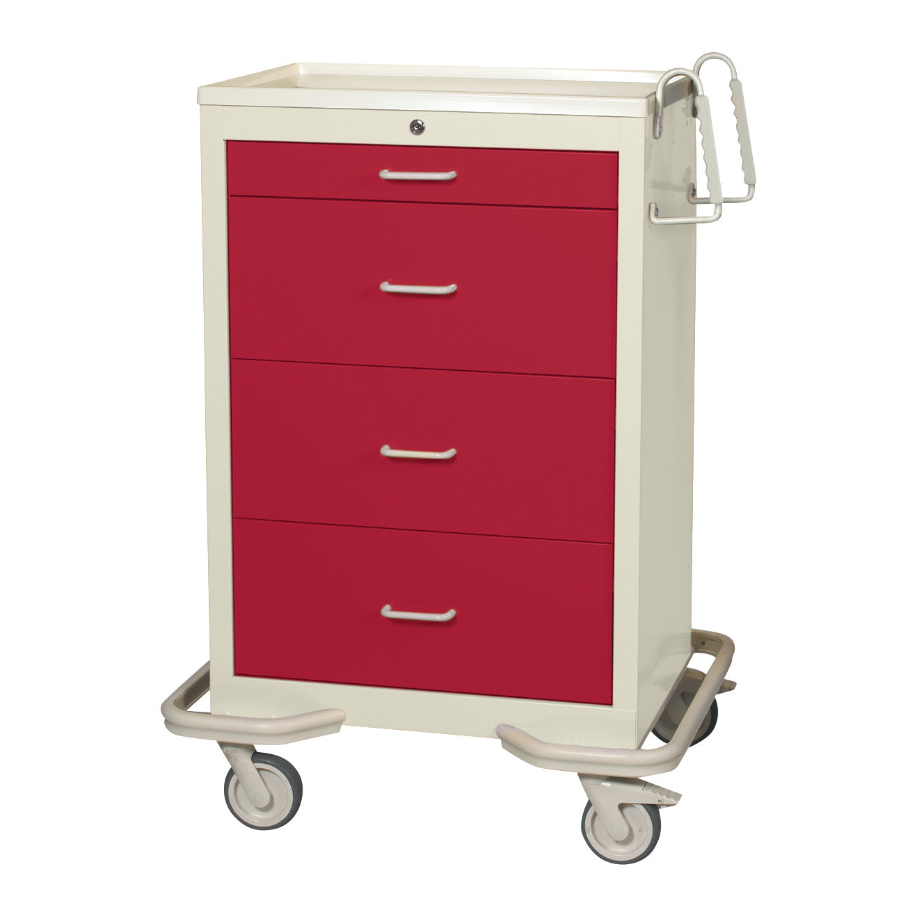 AliMed Standard Series 4-Drawer Isolation Cart with Key Lock, featuring red drawers and swivel casters for easy mobility.