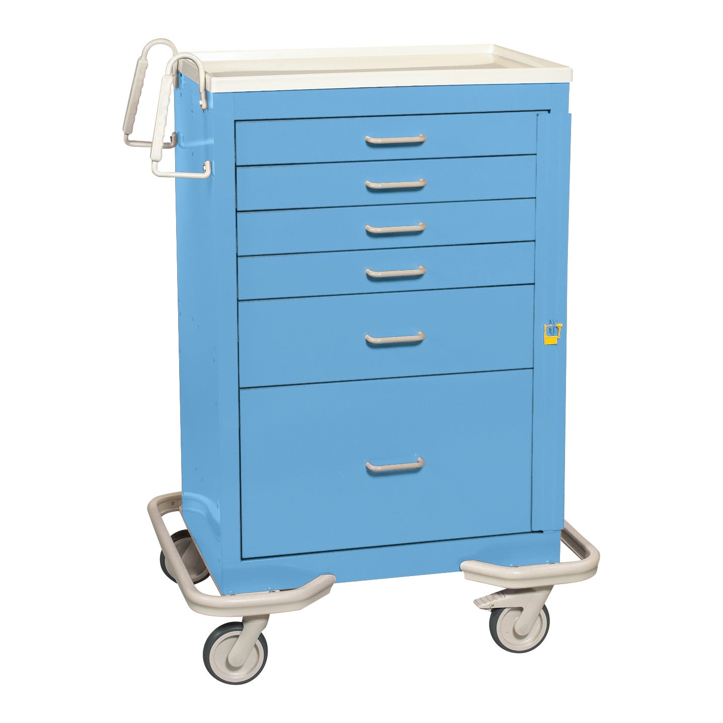 AliMed Standard Series 6-Drawer Emergency Cart in blue with a white top, six drawers, and four wheels for easy mobility.