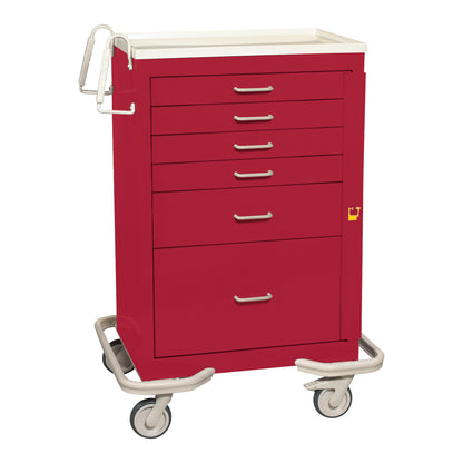 A red AliMed Standard Series 6-Drawer Emergency Cart with six drawers, swivel wheels, and a handle on one side.