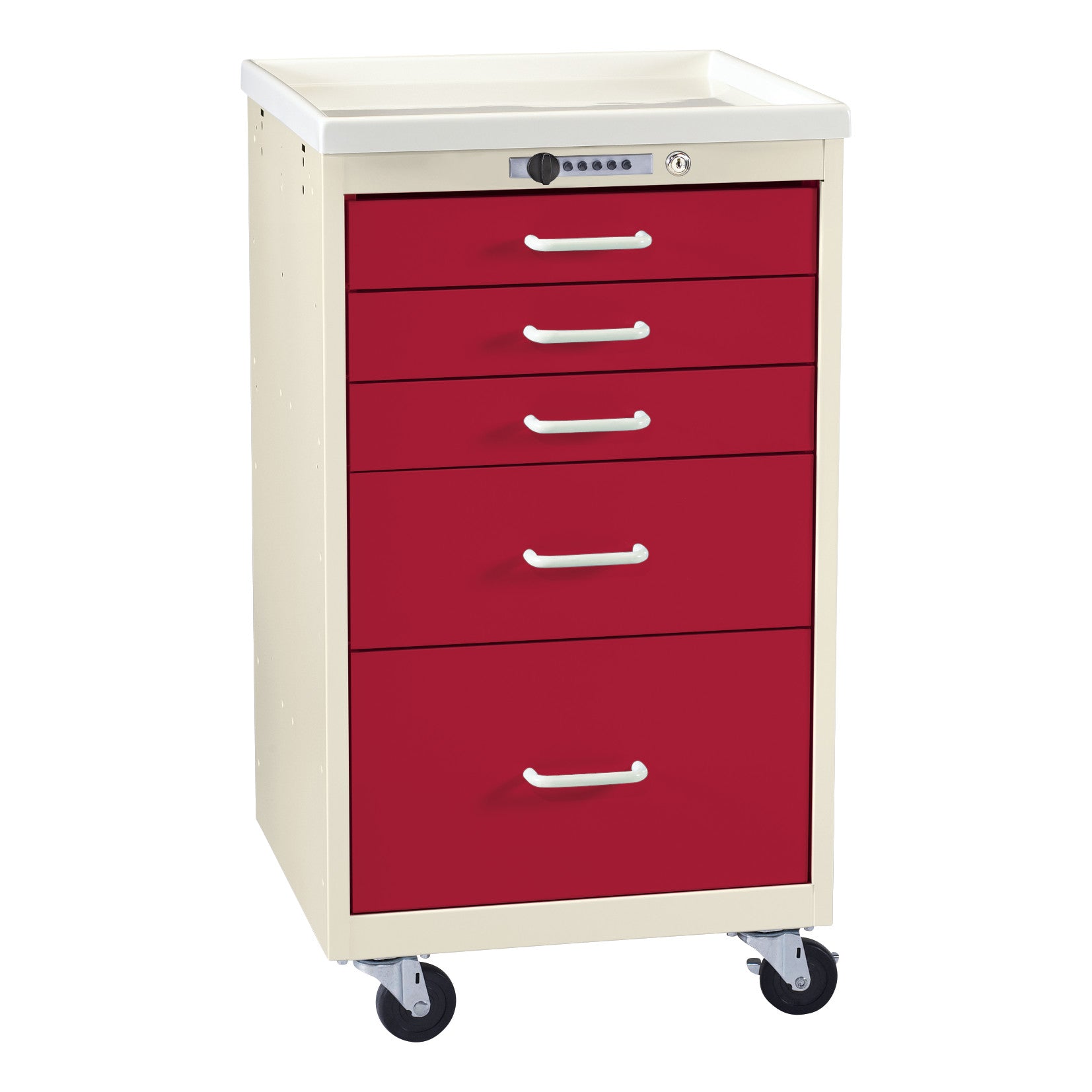 AliMed Mini Series 5-Drawer Anesthesia/Procedure Cart with Push-Button Lock, featuring red drawers and caster wheels.