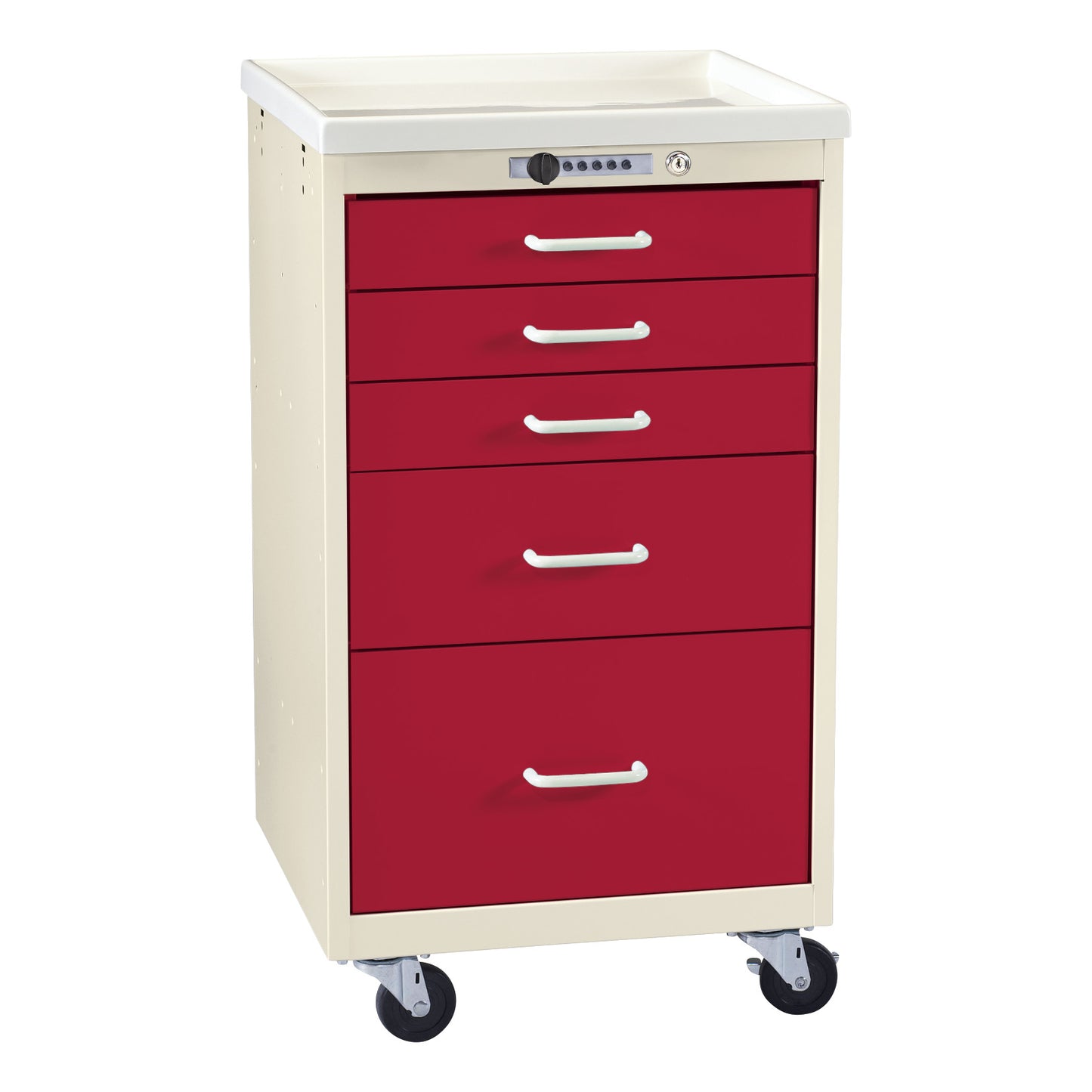 AliMed Mini Series 5-Drawer Anesthesia/Procedure Cart with Push-Button Lock, featuring red drawers and caster wheels.
