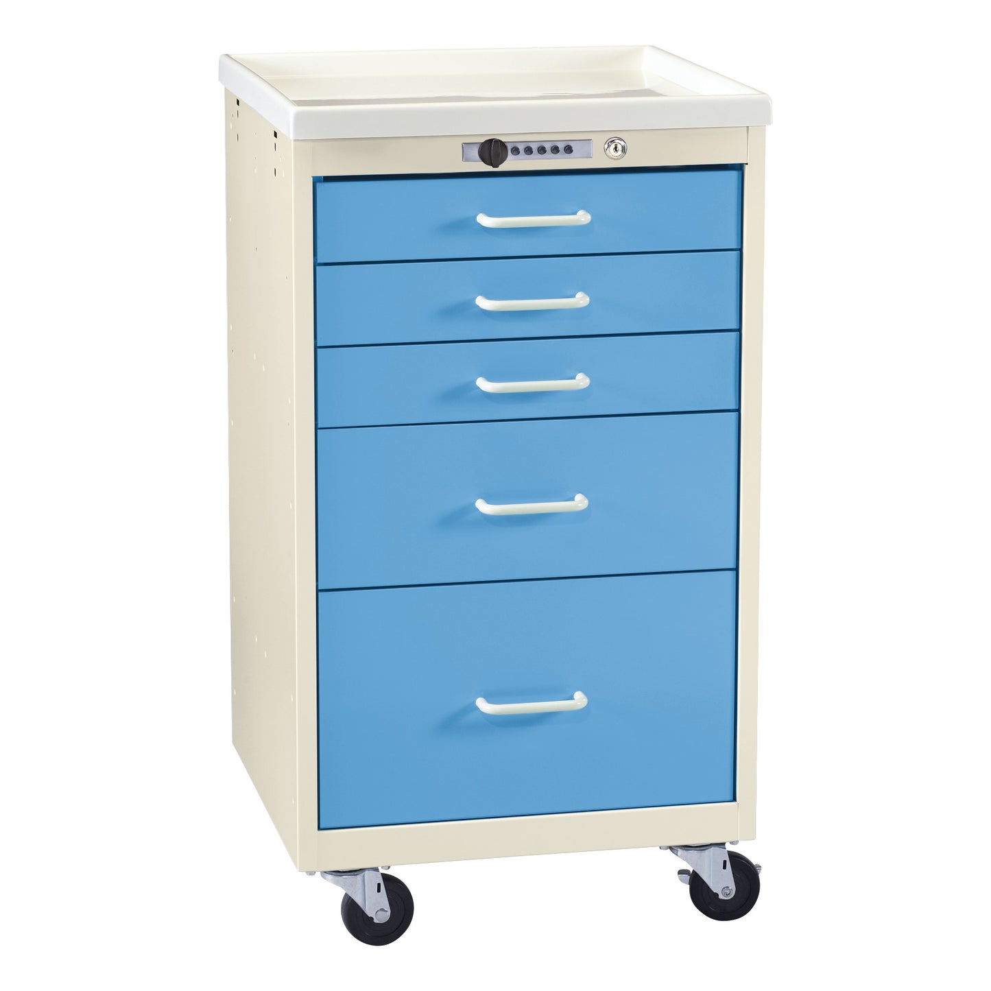 AliMed Mini Series 5-Drawer Anesthesia/Procedure Cart with Push-Button Lock, featuring a blue front, white top, and wheels.