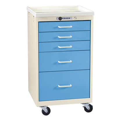AliMed Mini Series 5-Drawer Anesthesia/Procedure Cart with Push-Button Lock, featuring a blue front, white top, and wheels.