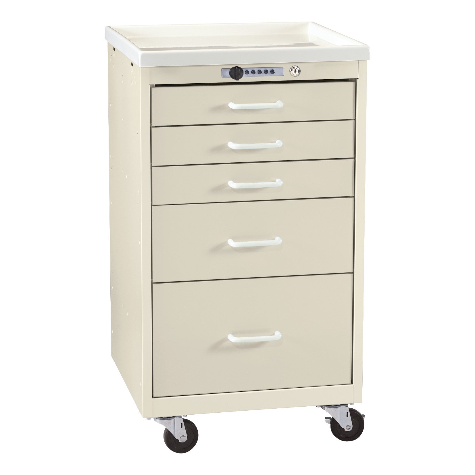 AliMed Mini Series 5-Drawer Anesthesia/Procedure Cart with Push-Button Lock, featuring five drawers and wheels for mobility.