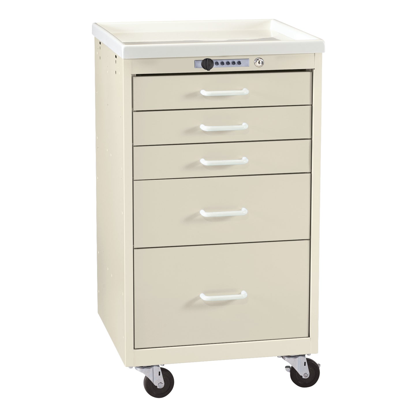 AliMed Mini Series 5-Drawer Anesthesia/Procedure Cart with Push-Button Lock, featuring five drawers and wheels for mobility.