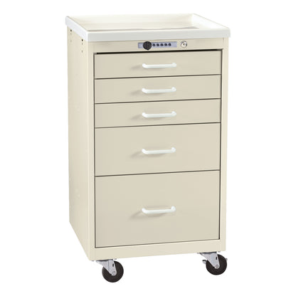 AliMed Mini Series 5-Drawer Anesthesia/Procedure Cart with Push-Button Lock, featuring five drawers and wheels for mobility.