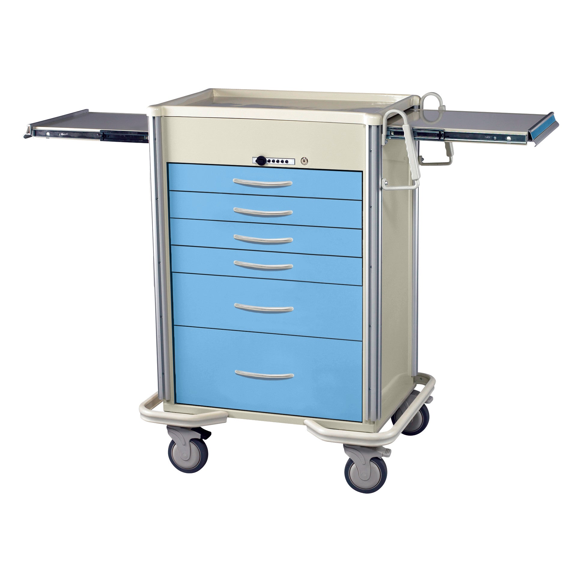 AliMed Select Series 6-Drawer Anesthesia/Procedure Cart with Push-Button Lock, 27" Drawer Space, featuring extendable side trays.