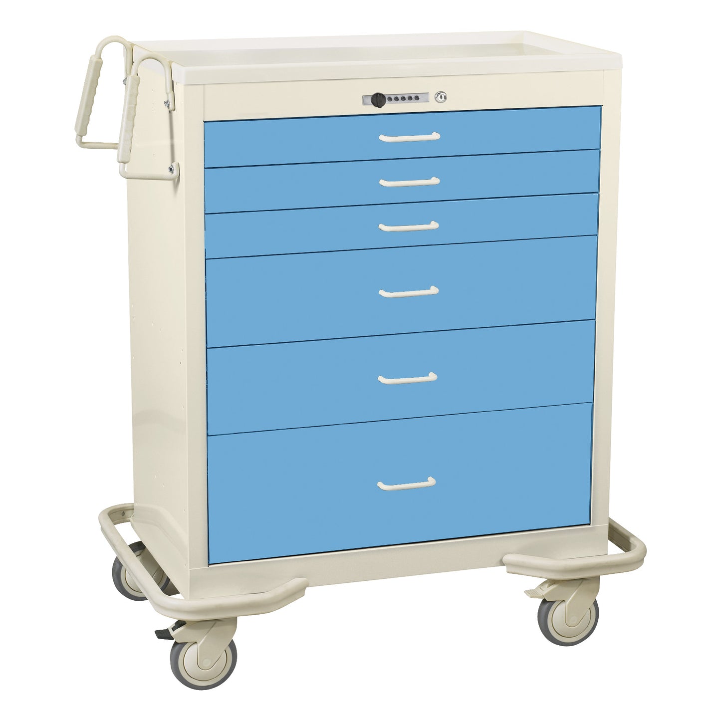 AliMed Wide Series 6-Drawer Anesthesia/Procedure Cart with Push-Button Lock, featuring blue drawers and wheels for easy mobility.