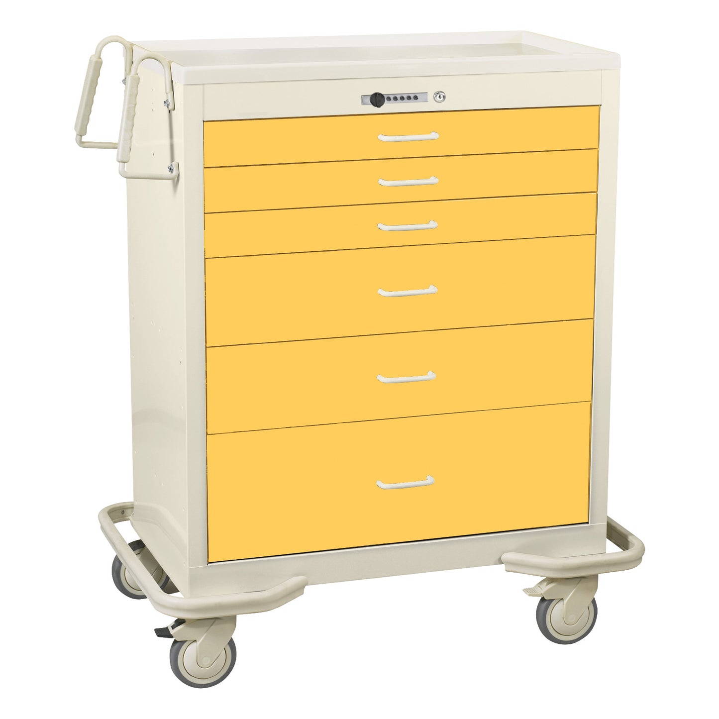 AliMed Wide Series 6-Drawer Anesthesia/Procedure Cart with Push-Button Lock featuring yellow drawers and swivel casters.