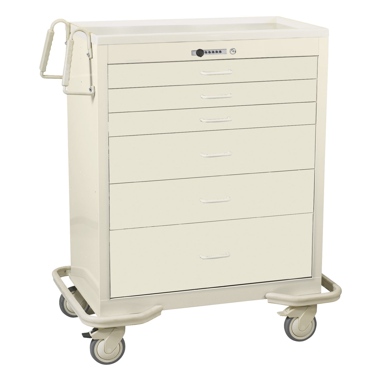AliMed Wide Series 6-Drawer Anesthesia/Procedure Cart with Push-Button Lock, featuring six drawers and four swivel casters.