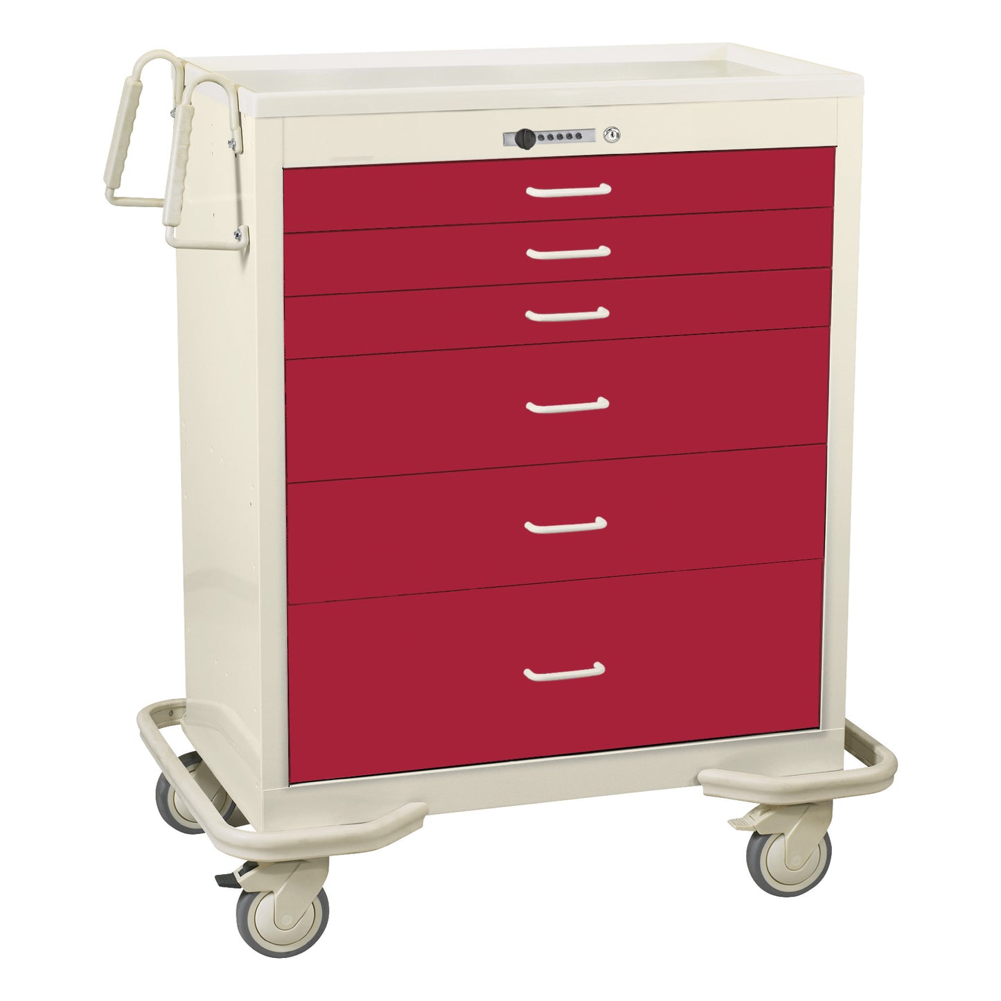 AliMed Wide Series 6-Drawer Anesthesia/Procedure Cart with Push-Button Lock features red drawers and wheels for mobility.