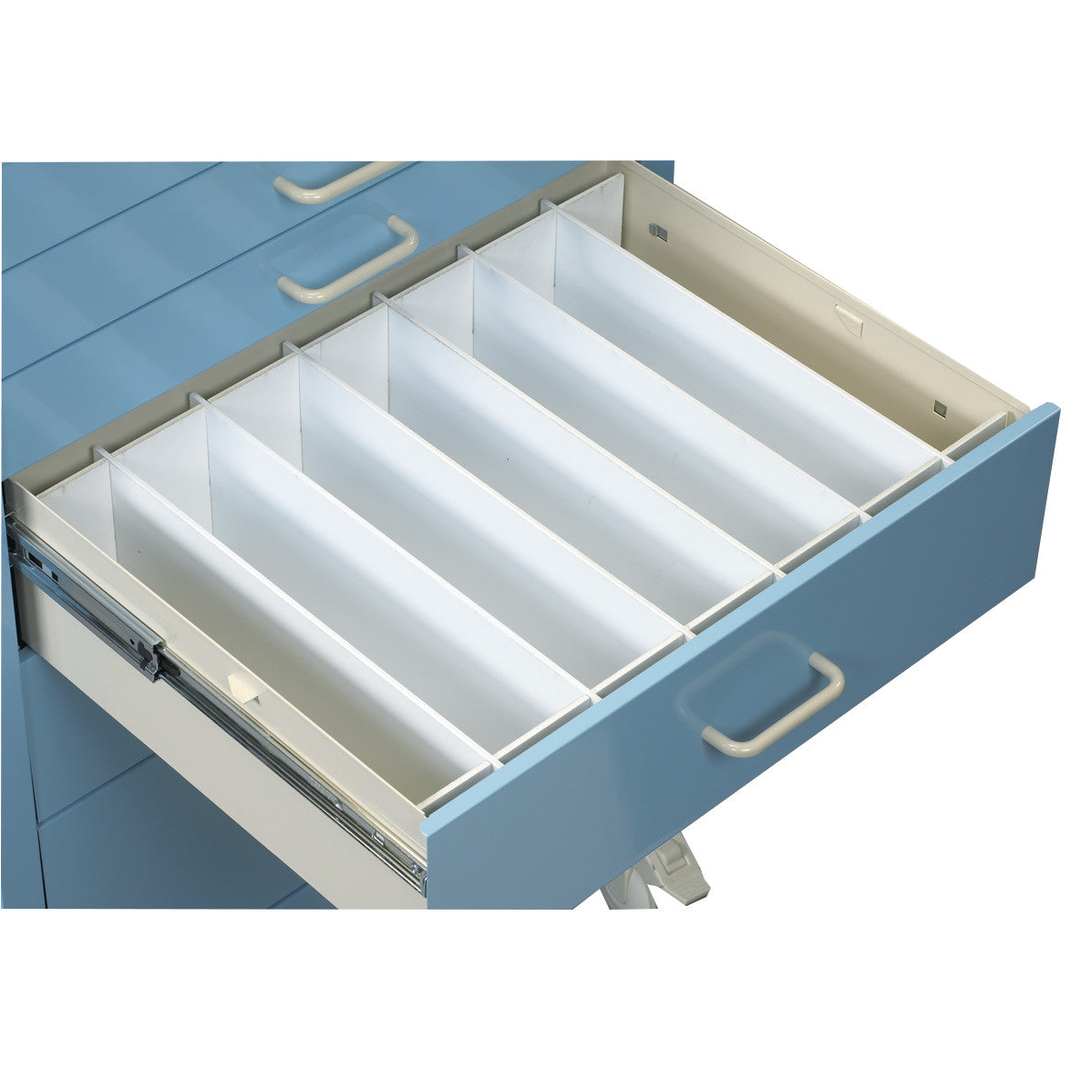 AliMed Cart Accessory: Drawer Divider Set for Mini/Select/Standard/Wide Series Medical Carts with six compartments in a blue drawer.