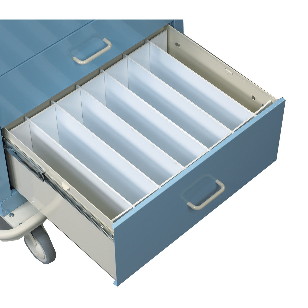 AliMed Cart Accessory: Drawer Divider Set for Mini/Select/Standard/Wide Series Medical Carts, featuring a blue drawer with six compartments.